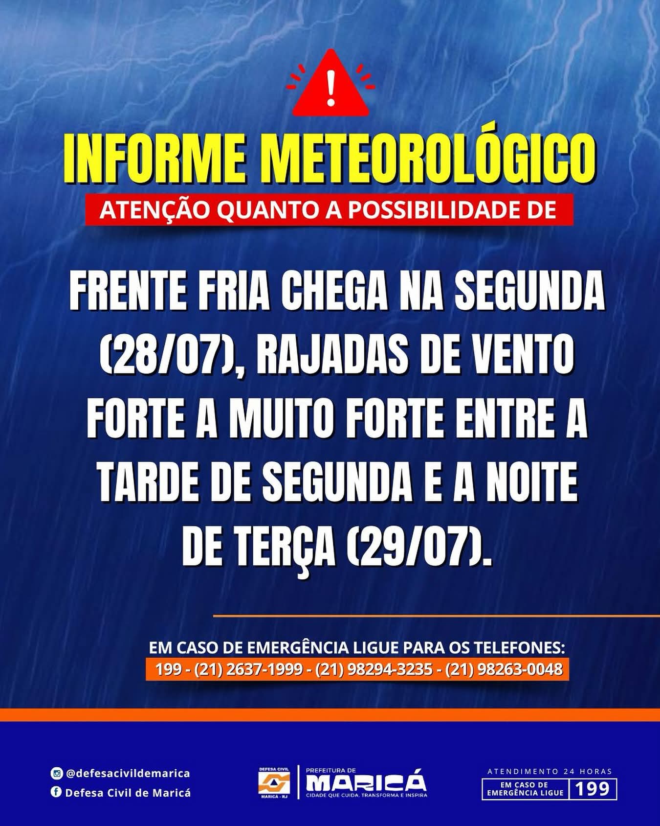 Chegada de frente fria com ventos fortes nesta segunda feira